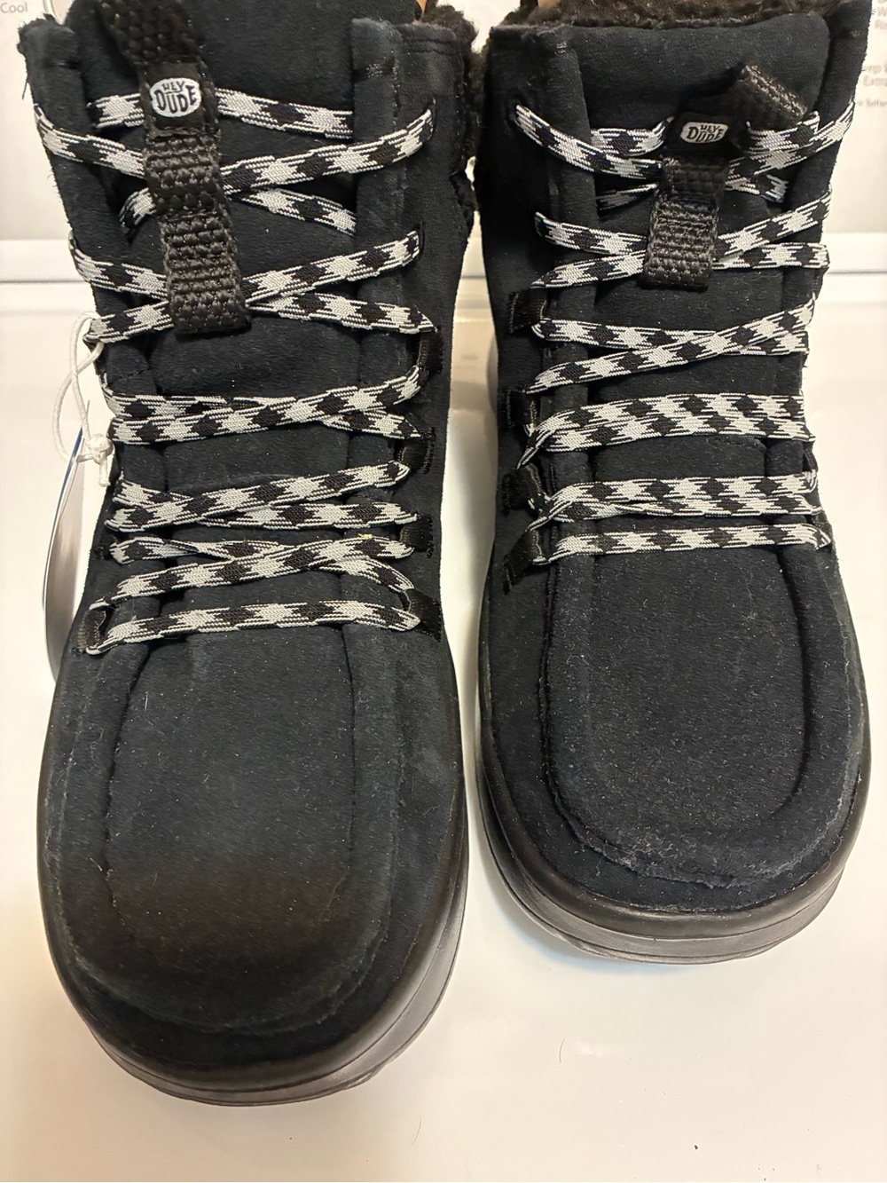 Hey Dude Black Suede High-Top Lace Boots with Patterned Laces